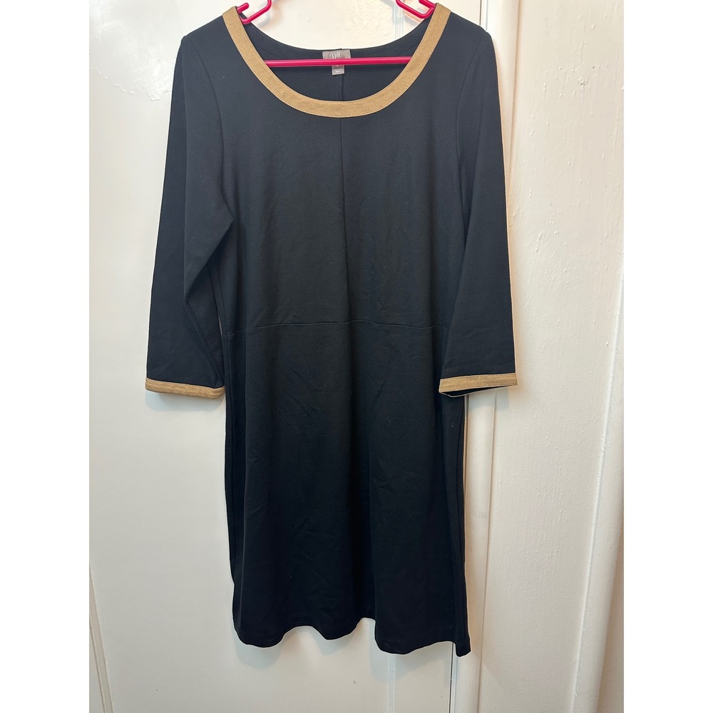 J. Jill Black Stretch Knit Scoop Neck‎ Dress 3/4 Sleeve Tan Trim Womens Medium